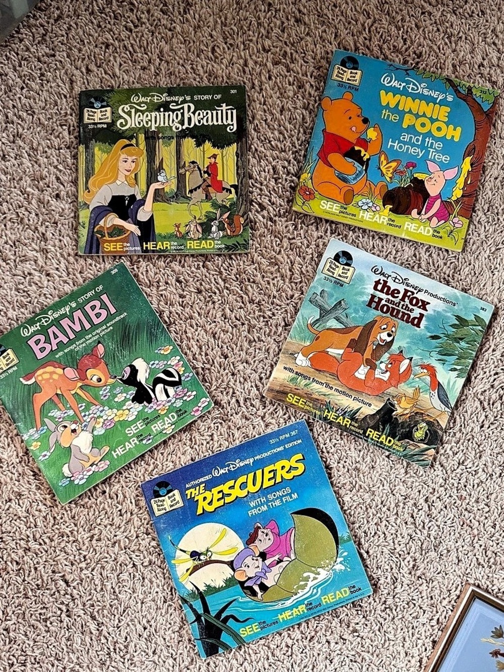 Disney read along books and 7” vinyl sets (5)